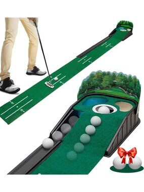 Indoor Golf Putting Mat - 8ft Practice Green with Alignment Guides & Ball Return